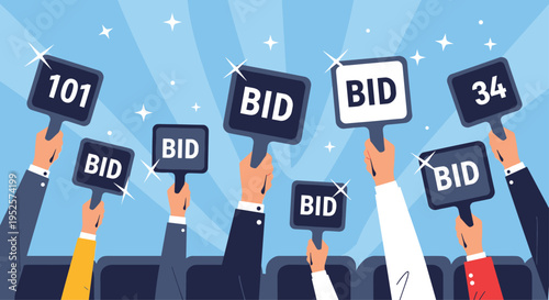 Multiple hands holding up black and white bid signs at a public auction representing competitive buying.