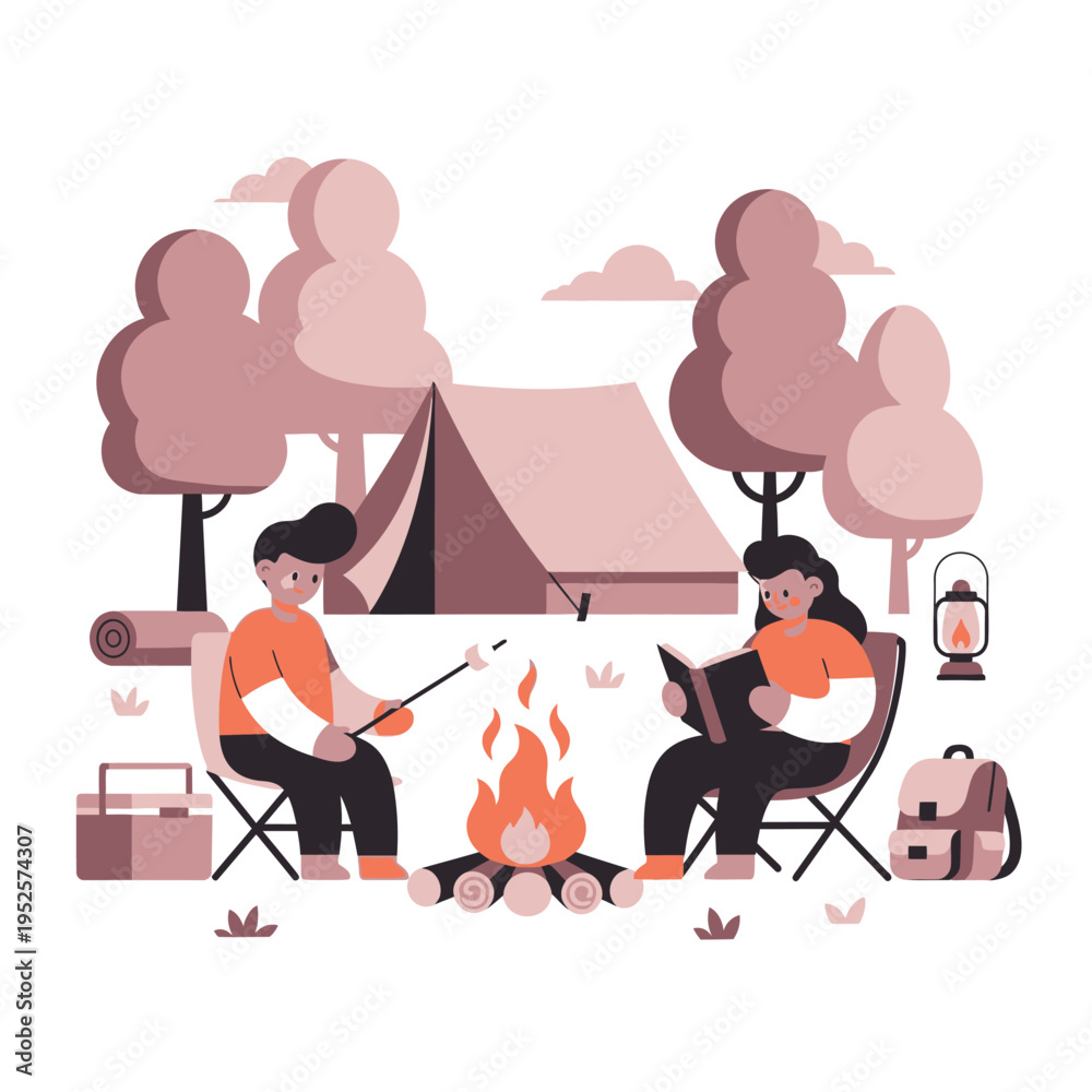Obraz premium Couple Camping by Campfire: Reading and Roasting Marshmallows
