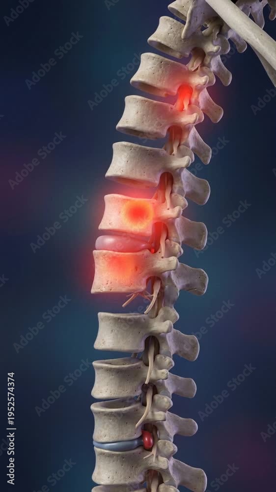 3D animation of human spine with intervertebral disc pain and nerve ...