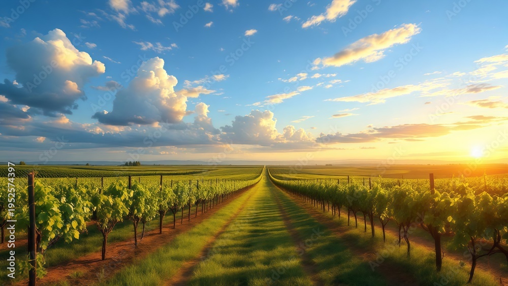 Fototapeta premium Scenic Vineyard Rows at Sunset with Vibrant Green Vines and Blue Sky