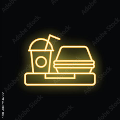 Yellow glowing neon sign depicting a fast food meal with a drink and burger in a box