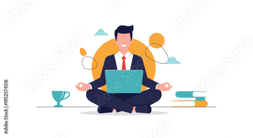 Businessman practicing meditation with his laptop in a calm environment to achieve work-life balance.