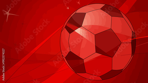 Red soccer ball with starry background and abstract lines  sports illustration