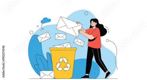 Woman disposing of multiple paper envelopes into a yellow recycling bin to manage waste and clutter.