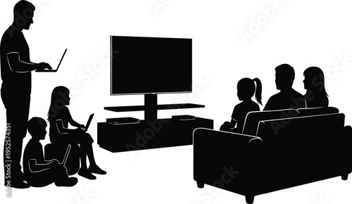 Black silhouette of family watching television while children and father use laptops in living room for modern digital lifestyle concept.