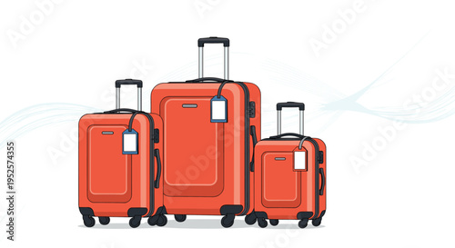 Set of three bright orange travel suitcases of various sizes equipped with wheels and luggage ID tags.
