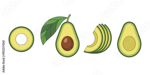 Different types of avocado slices and halves with green leaves on white background
