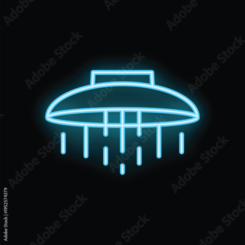 Blue neon shower head icon glowing on black background, representing bathroom and hygiene concepts