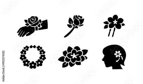 Six solid black silhouette icons of wedding and floral accessories with short labels, showing thicker shapes for strong visibility on light backgrounds.