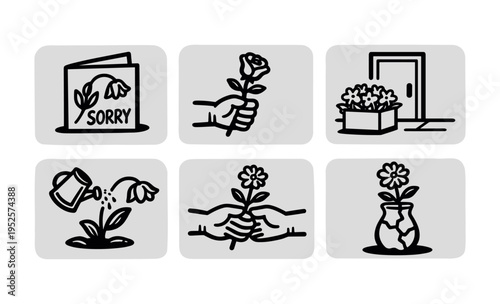 Six monochrome rounded icons showing sorry card, hand offering rose, flower delivery box, watering a plant, peace offering hands, and a broken vase with flower in a clean linear style.
