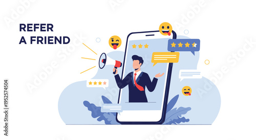 Refer a friend marketing referral program concept with a man in a smartphone using a megaphone to promote.