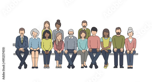 A diverse group of men and women of various ages are sitting together on a long bench, depicted in a flat vector style.