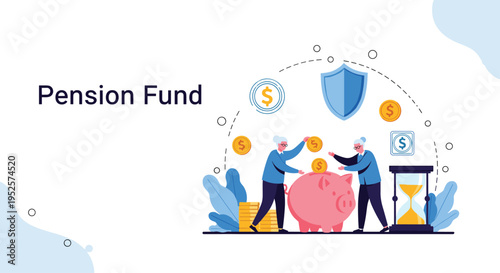 Retired elderly couple saving money by putting gold coins into a large pink piggy bank for their pension.