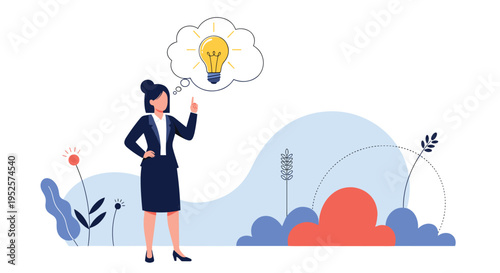 Professional businesswoman standing with a bright lightbulb in a thought bubble representing a creative idea.