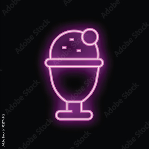 Neon sign of a delicious ice cream sundae with a cherry on top, glowing on a black background