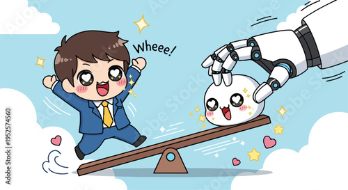 Cartoon illustration of a businessman in a blue suit playing on a seesaw with a robotic hand and a white creature against a blue sky with clouds.