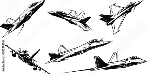 Set of Modern Military Fighter Jet Silhouettes Vector Illustration with F35 F22 and Stealth Aircraft Graphics for Aviation Design Projects