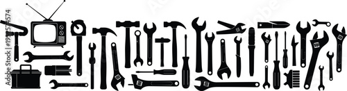 Black silhouette set of hand tools including wrenches hammers screwdrivers and vintage television icon for repair service and workshop equipment.