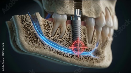 3D Animation of Dental Implant Placement in Jawbone with Nerve Visualization and Target Area Highlighted for Surgical Planning Background