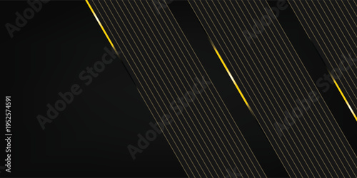  Abstract template stripes golden lines diagonal overlap with light effect with copy space black background. Luxury style. Vector illustration