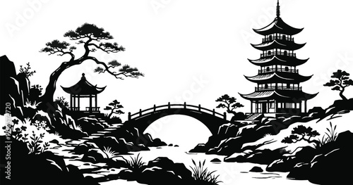 Traditional japanese landscape with pagoda and arch bridge