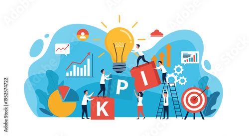 Collaborative team building the letters KPI with red and blue blocks to represent key performance indicators in business.