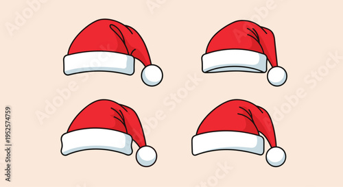 Set of four identical red Santa Claus hats with white fur and pom-poms arranged for Christmas holiday decorations.