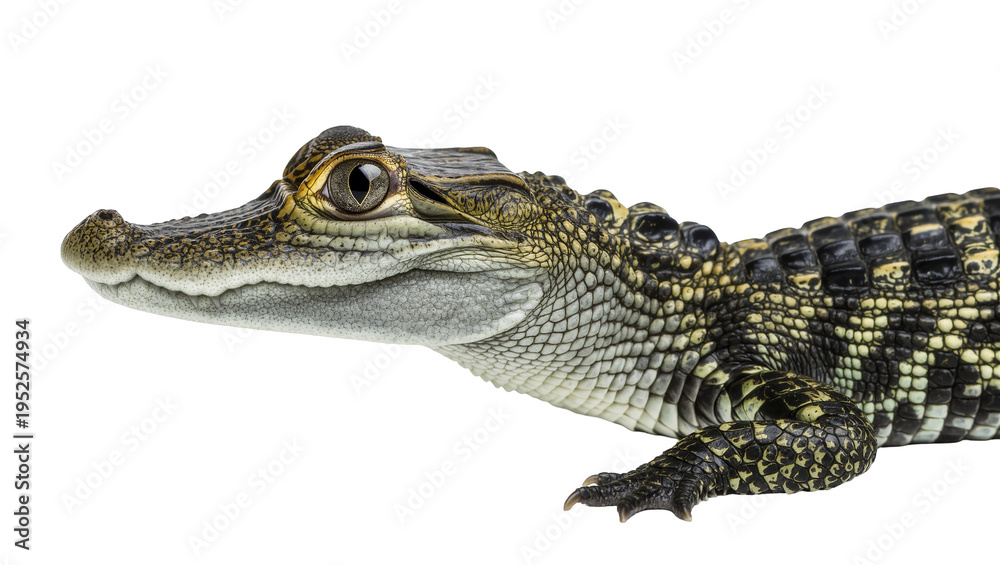 Fototapeta premium Isolated young alligator or caiman with detailed scales, side view, wildlife animal portrait