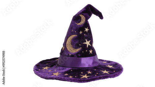Tablou pe pânză Isolated purple velvet wizard hat decorated with golden stars and moons, magical