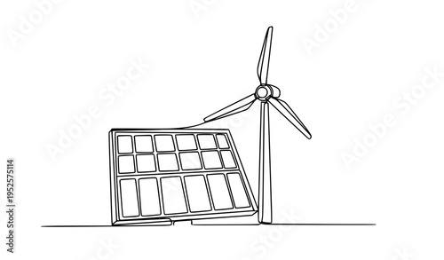 A minimalist line art illustration of a wind turbine and solar panel