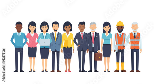 A diverse group of 10 men and women from various professions and backgrounds stand together in flat design style.