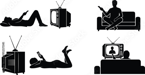 Black silhouette set of people watching television sitting on sofa lying down and using remote control for home entertainment leisure.