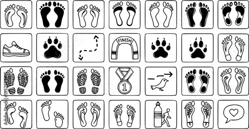Black and White Line Art Running  Footprint Icons Set for Sports, Fitness, and Health Tracking. Vector Symbols of Feet, Shoes, Paws, and Movement.