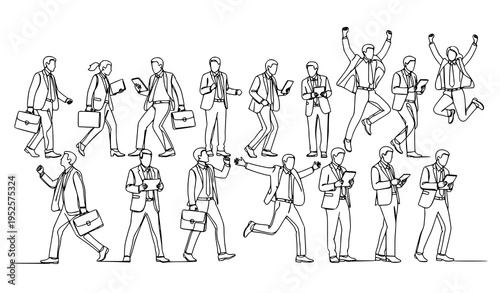 A minimalist line art illustration of businessmen in various poses and actions