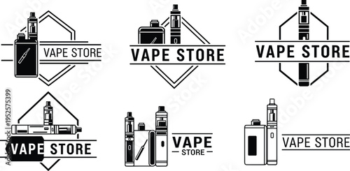 Black, and, white, minimalist, vape, store, logo, collection, featuring, electronic, cigarettes, vaping, devices, mods, and, accessories, in, a, clean, silhouette, style.