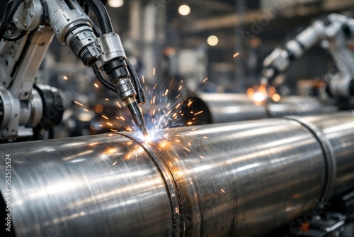 Industrial robotic welding arm joining steel pipe in factory with sparks and automation