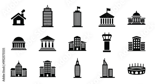 A collection of black and white icons depicting various city buildings and structures on a plain white background.