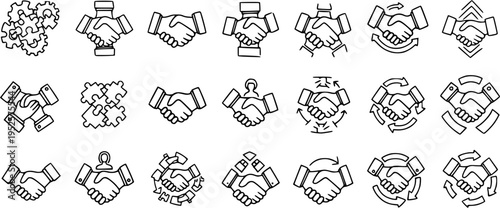 Business Collaboration and Partnership Line Art Icons Set - Handshake, Gear, and Puzzle Outline Vector Symbols for Teamwork and Agreement