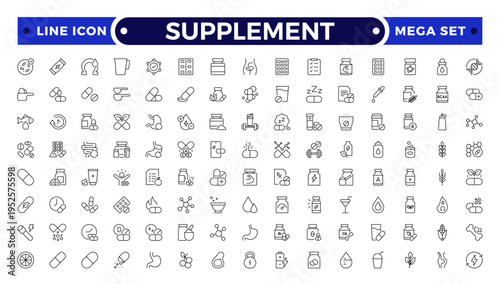 Supplement outline icon set. Containing vitamin, nutritional Supplements, capsule, protein, minerals, herbal, probiotic, antioxidant and more.