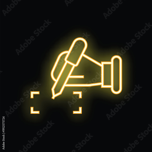 Yellow glowing neon sign representing a hand holding a pen writing on a copywriting content creation project