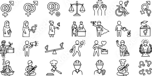Gender Equality and Women's Rights Outline Icons Set. Diverse Social Justice, Human Rights, and Diversity Concepts in Black and White Line Art.