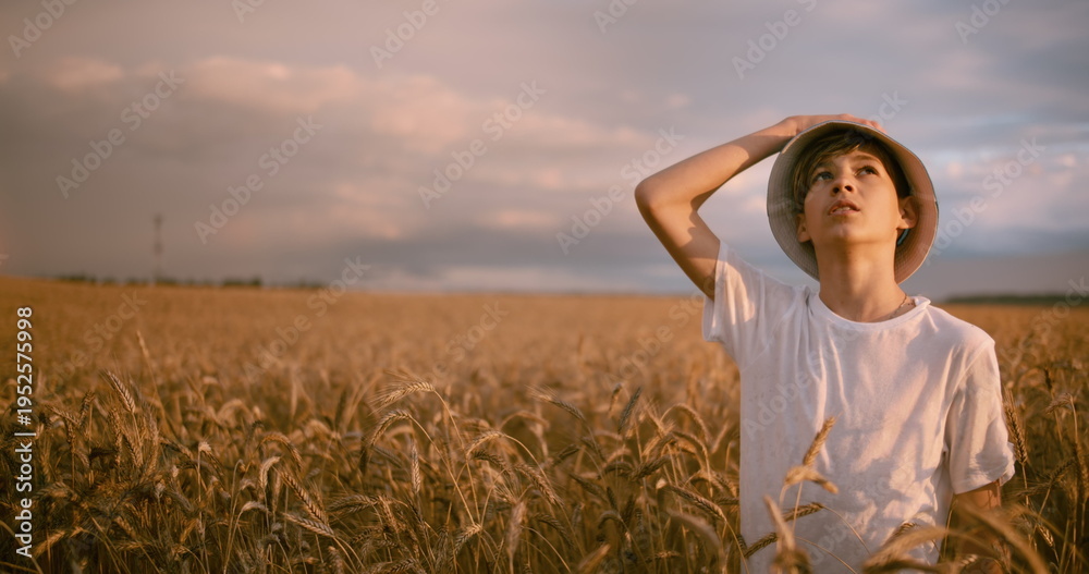 Obraz premium funny boy in a hat golden wheat field looks at the beautiful sky at sunset before storm, have fun and enjoy