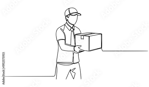 A minimalist line art illustration of a delivery man holding a box