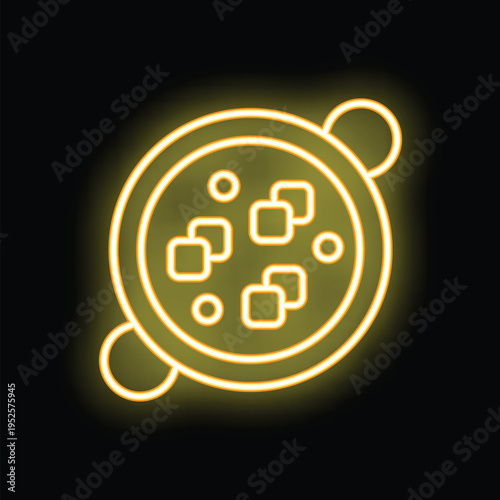 Yellow neon sign depicting a paella pan with handles, emitting a warm, inviting glow against a dark background