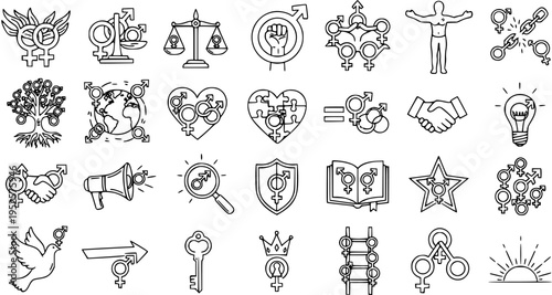 Gender Equality and Feminism Black  White Line Art Icons Set. Outline Symbols for Human Rights, Social Justice, and LGBTQ Themes.