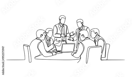A minimalist line art illustration of businessmen in a meeting with a laptop