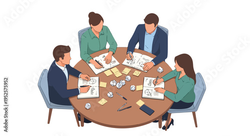 Four professionals, two men and two women, actively engage in a collaborative brainstorming session around a round table, sketching ideas and taking notes.