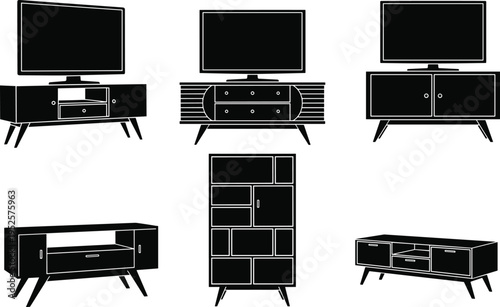 Modern furniture tv stand cabinet and bookshelf silhouette collection flavector wooden sideboard media console home interior decor vector illustration set.