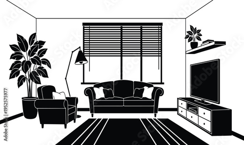 Modern living room interior black silhouette illustration with sofa armchair television cabinet house plants and window blinds for home.