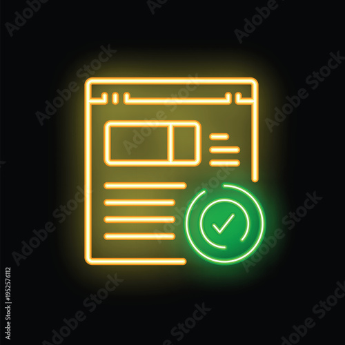 Yellow and green neon sign showing a website being optimized for search engine with a check mark
